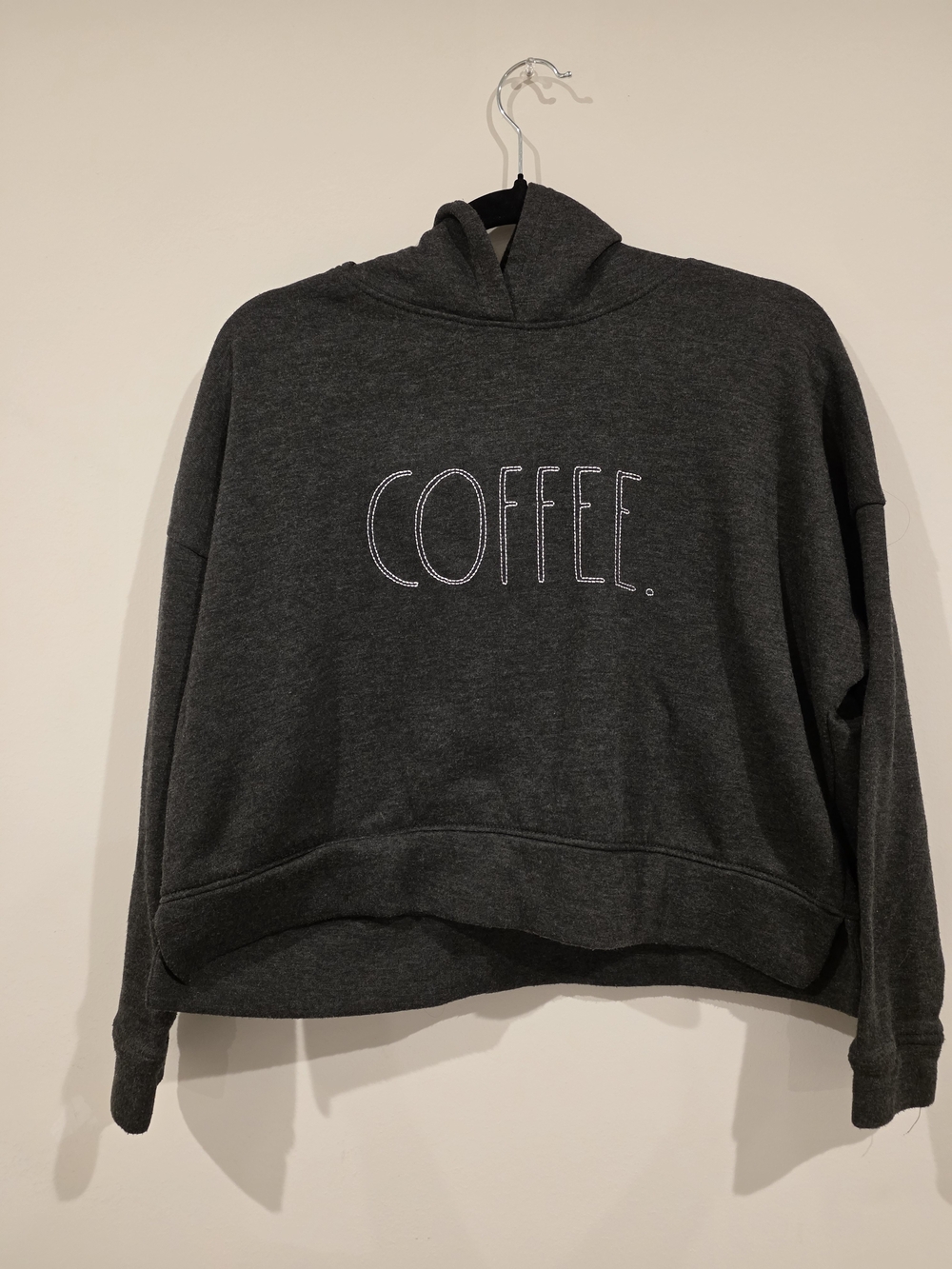 Rae Dunn Dark Gray Hoodie Sweater with COFFEE. Script